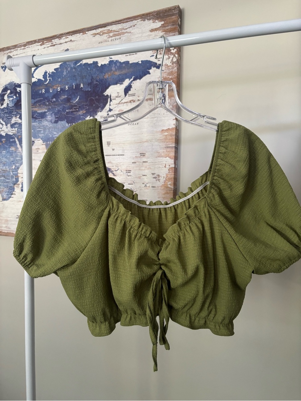 SHEIN Olive Green Ruched Tie-Front Puff Sleeve Crop Top